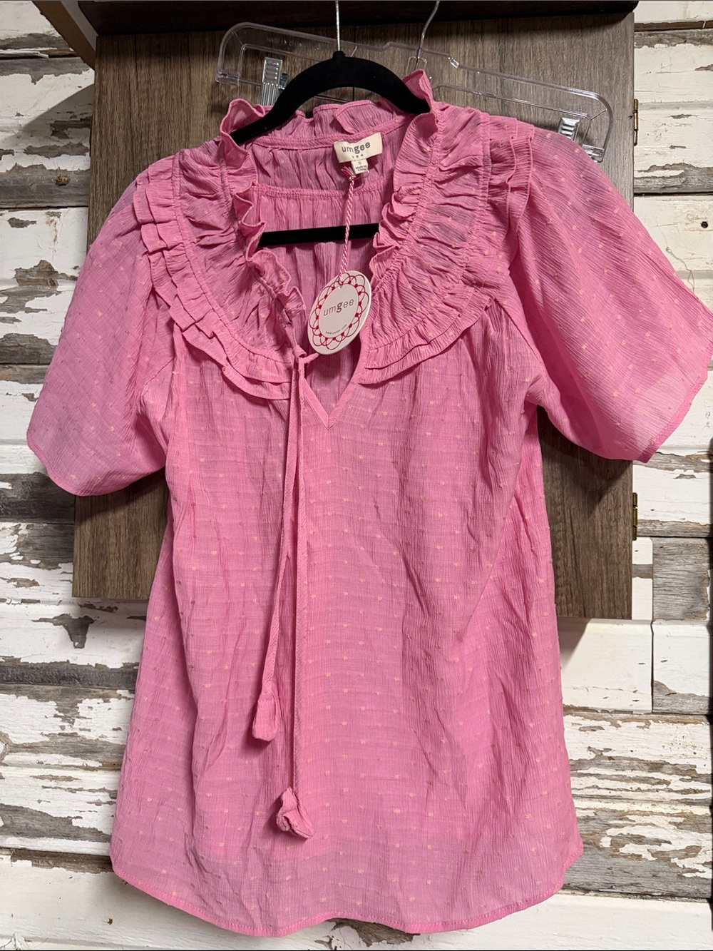 Umgee Pink Ruffle Tie-Front Short Sleeve Tunic